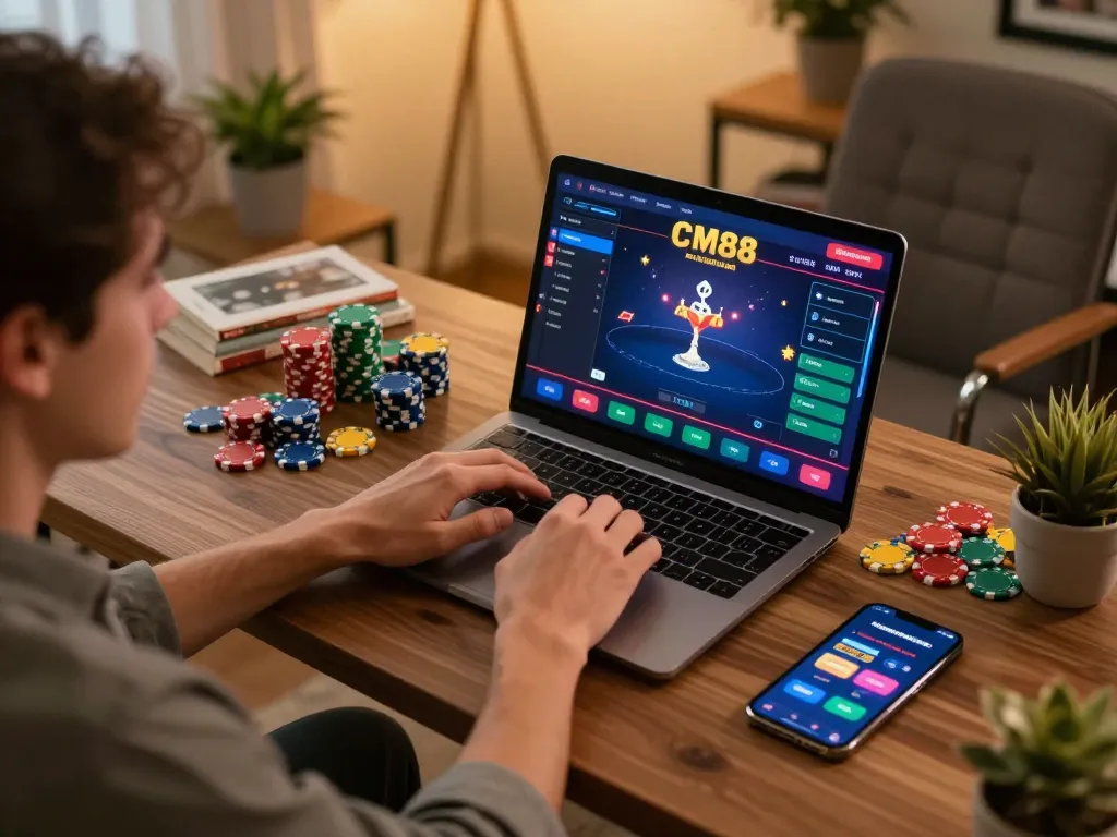 Person playing online poker at CM88, laptop displaying game interface with colorful chips scattered around