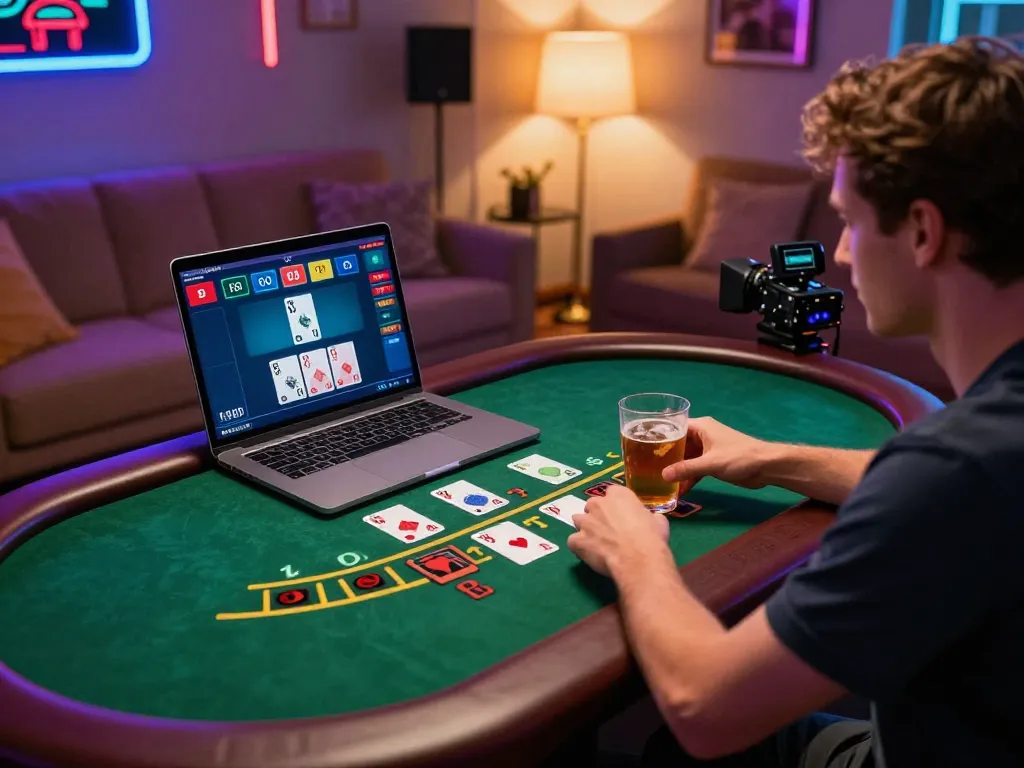 Player enjoying blackjack on a laptop at home, showcasing 32win online casino experience.