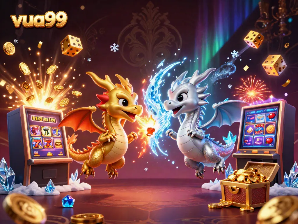 Experience the excitement and jackpot thrill of vua99 with 3D dragon characters and vibrant casino elements.