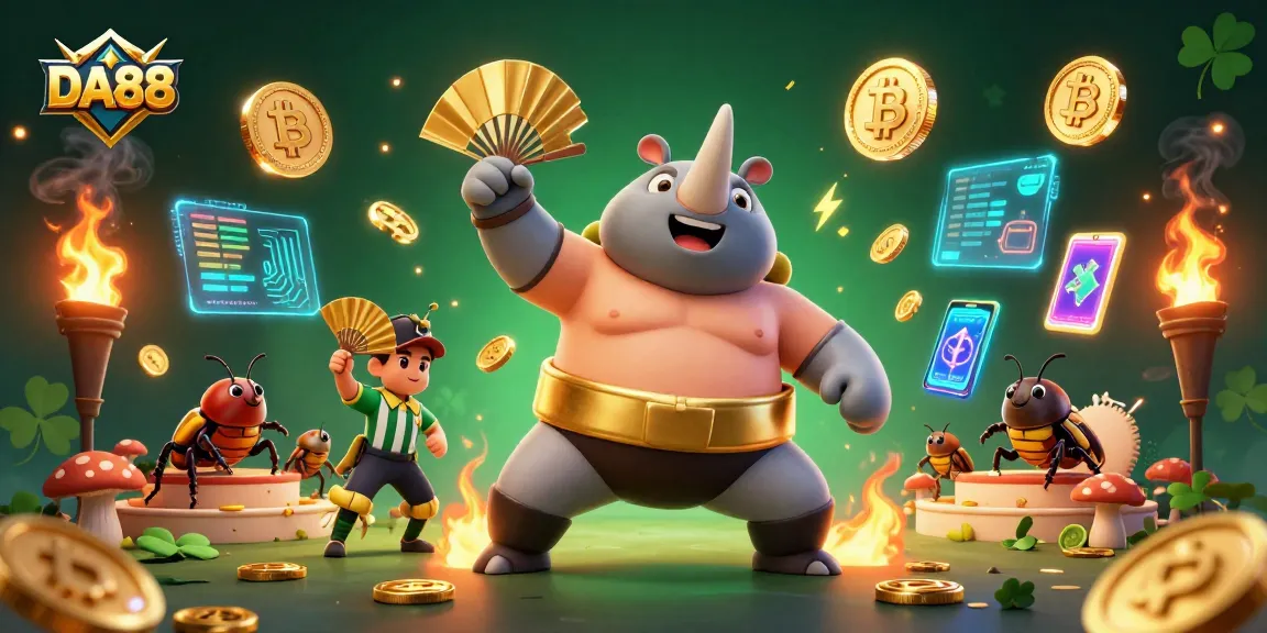 DA88 gaming scene with a sumo beetle champion and crypto elements depicting excitement.