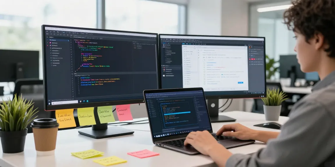 快连 software development workspace with dual monitors showing code and design, showcasing an innovative tech environment.