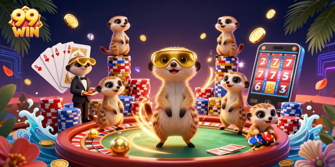 99WIN casino scene featuring meerkats engaging in gaming activities with exciting elements