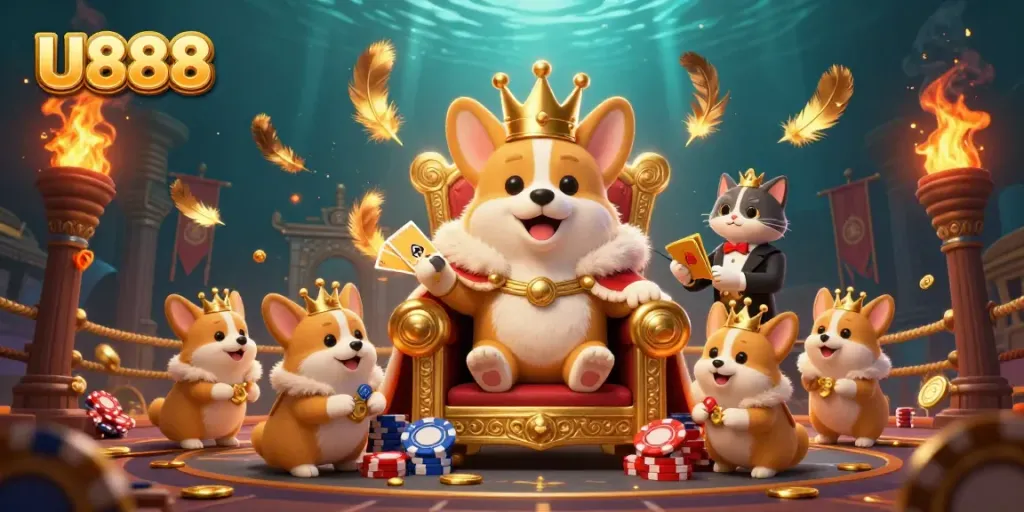 Experience U888's grandeur with a royal corgi on a throne amidst vibrant casino elements.