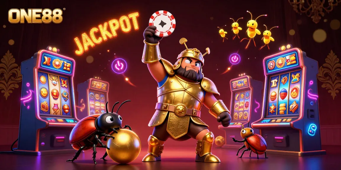 ONE88 highlights excitement with a heroic beetle lifting a winning poker chip, surrounded by vibrant casino elements.