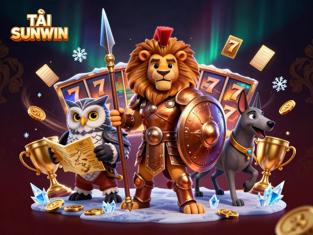 TẢI SUNWIN and experience the thrill of gaming with a vibrant 3D cartoon illustration showcasing rich casino elements.