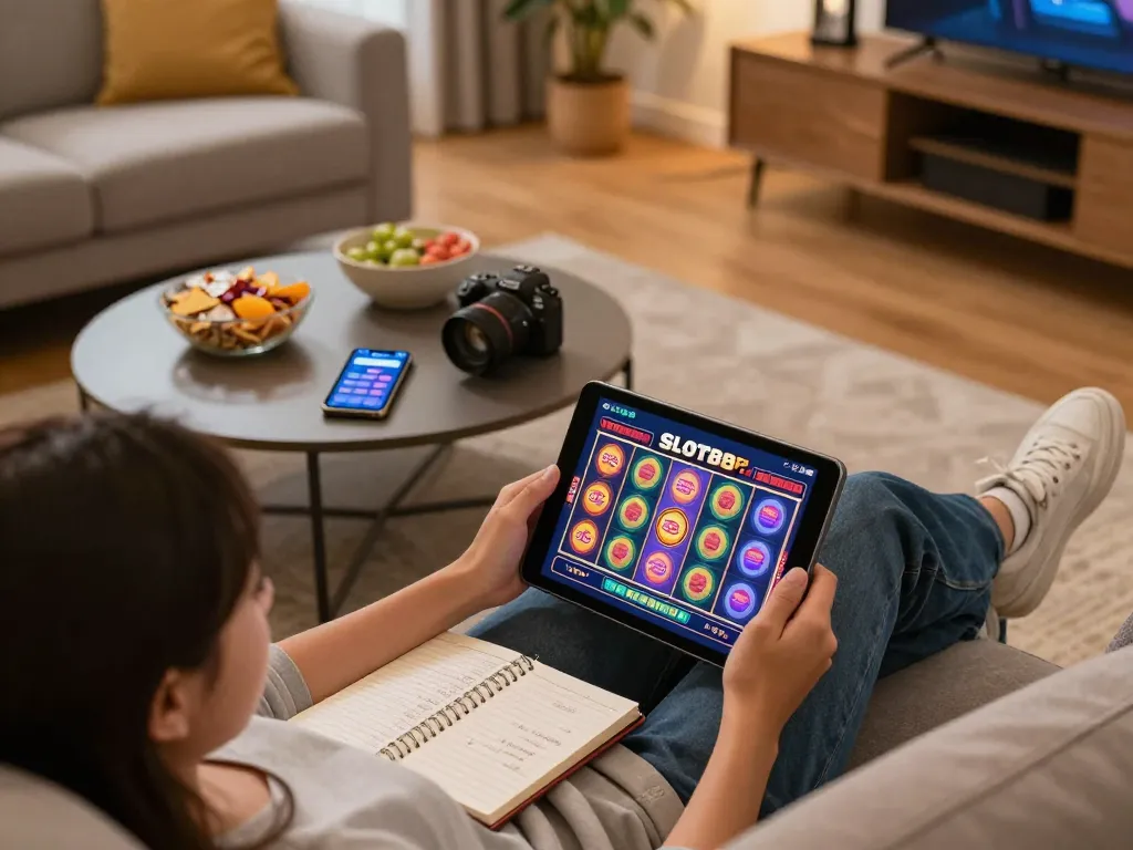 Suasana menarik seorang pemain menggunakan SLOT88 apk di tablet, menampilkan pengalaman judi di rumah yang mendebarkan.