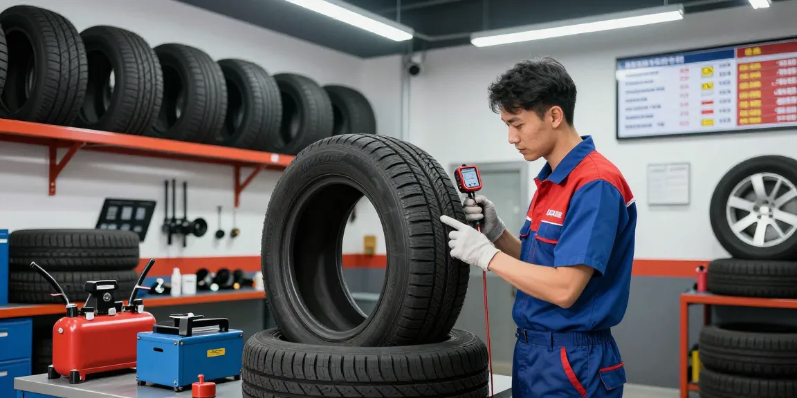 Mechanic inspecting a Double Coin RR99 tire in a modern automotive workshop with tools and tire models.