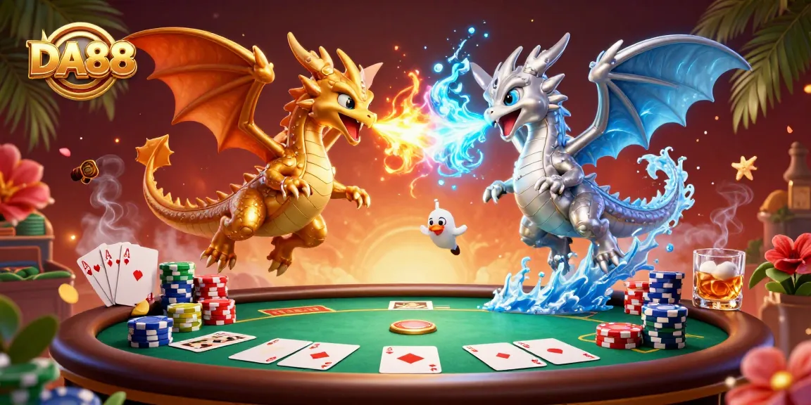 Experience high-stakes gaming action with DA88 as dragons battle over poker chips and cards.