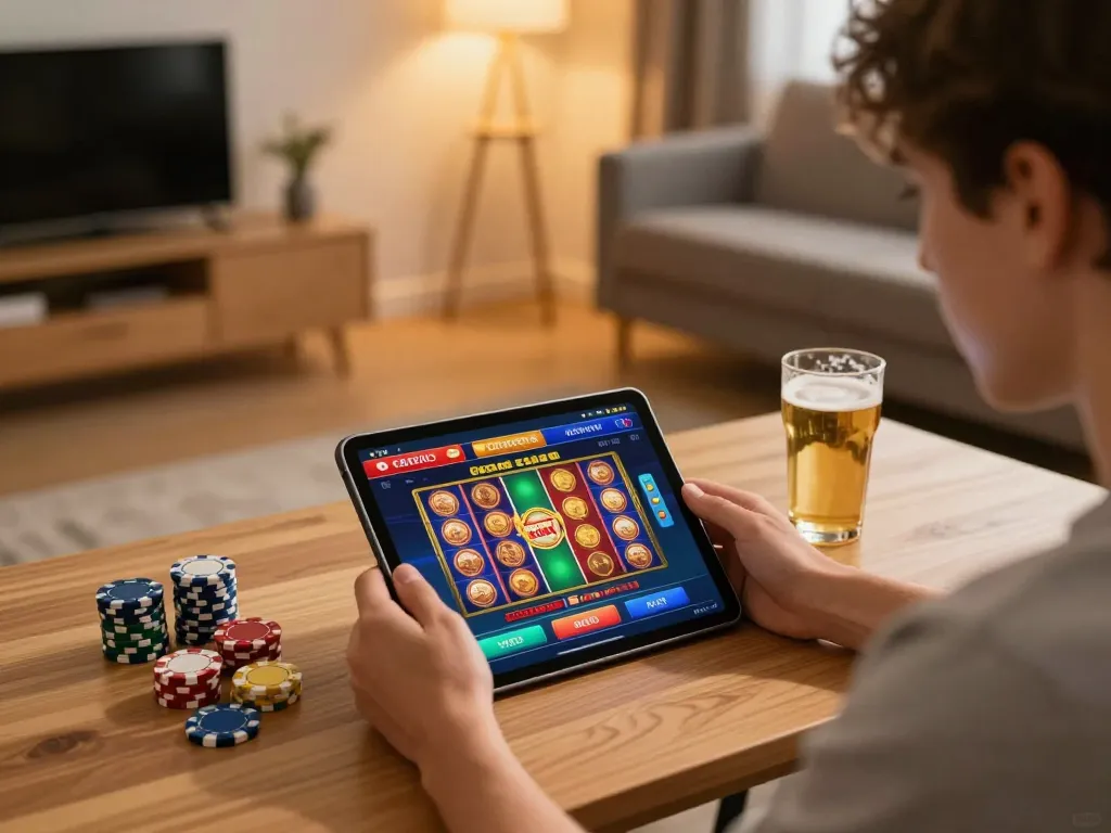 Engaging with the f8bet casino app on a tablet during a cozy home gaming session.
