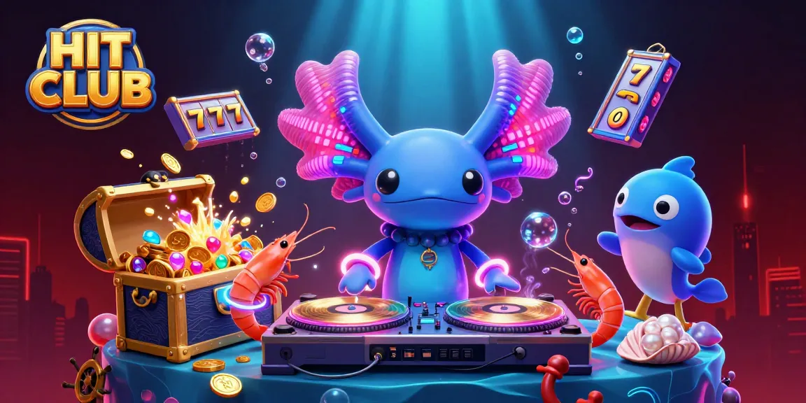 Engage with HIT CLUB as a neon axolotl DJ spins, surrounded by lively creatures and casino elements.
