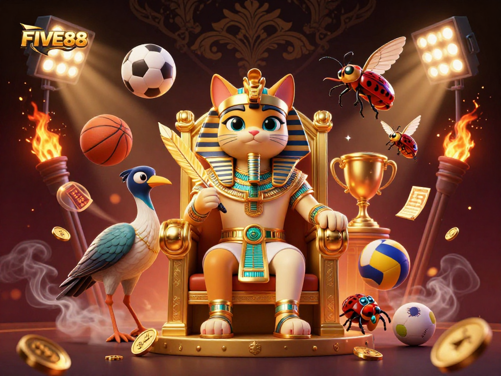 Experience the thrill at FIVE88 as the Egyptian pharaoh cat reigns in a vibrant casino scene filled with dynamic games.