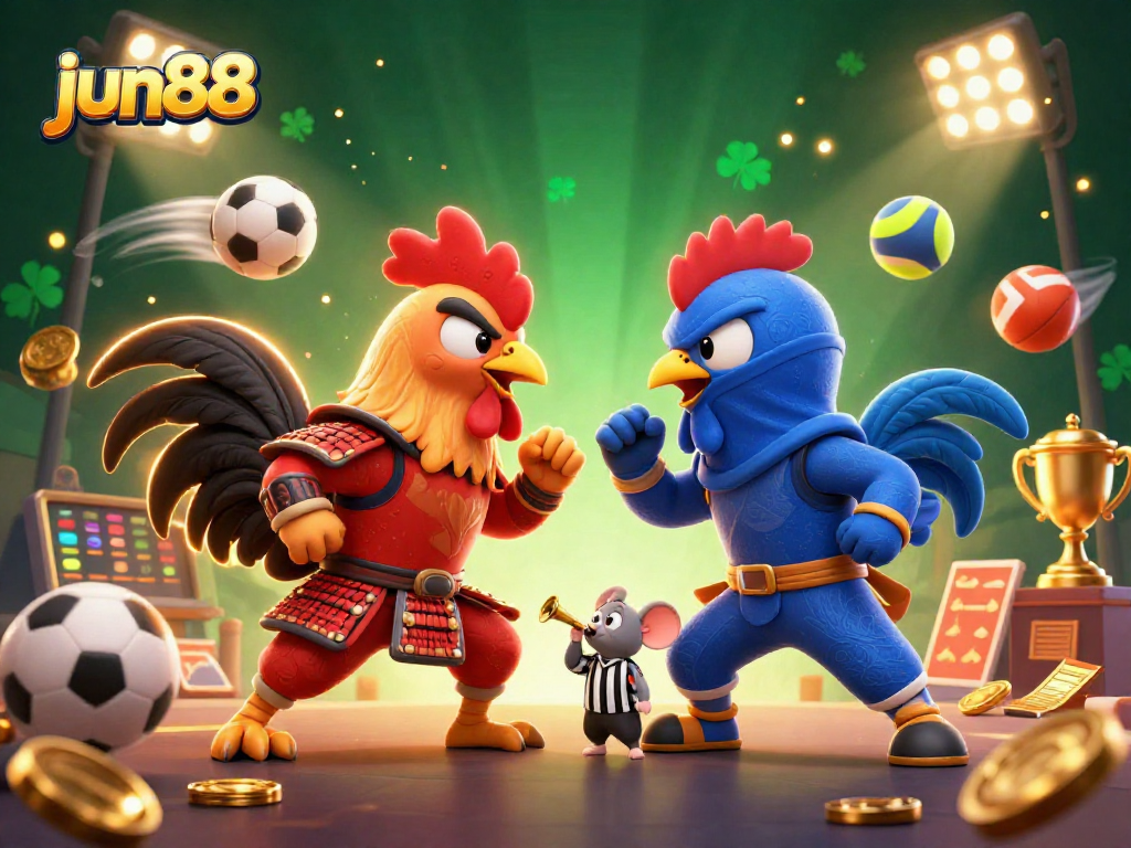 Engage in thrilling roosters showdown at jun88 with vibrant casino elements and dynamic sports action