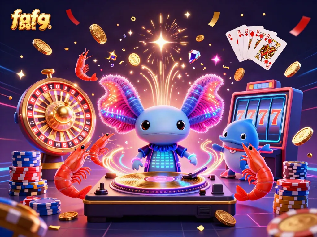 Experience the excitement of fafa bet 9 with a neon-colored axolotl DJ and friends amid flying coins and a roulette wheel.