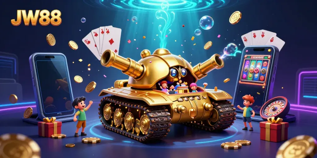 Experience JW88's mobile casino excitement with a 3D golden beetle tank revealing a vibrant gaming world