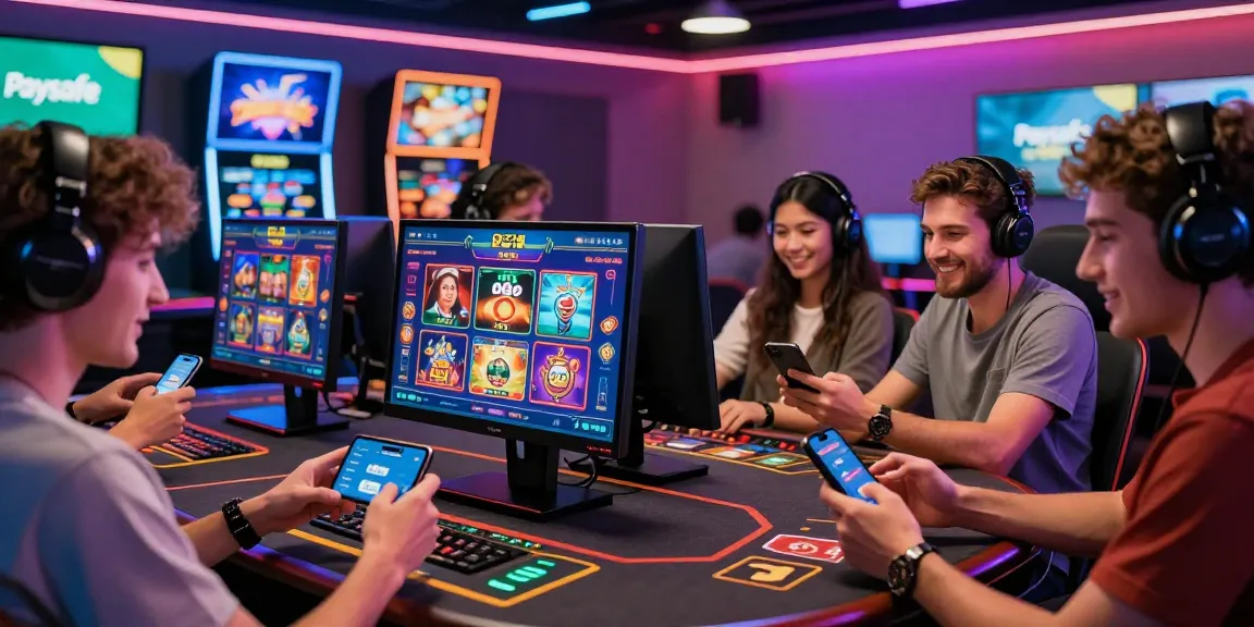 Spieler, die ein Paysafe Card Casino-Erlebnis mit dynamischer Beleuchtung und digitaler Interaktion genießen.