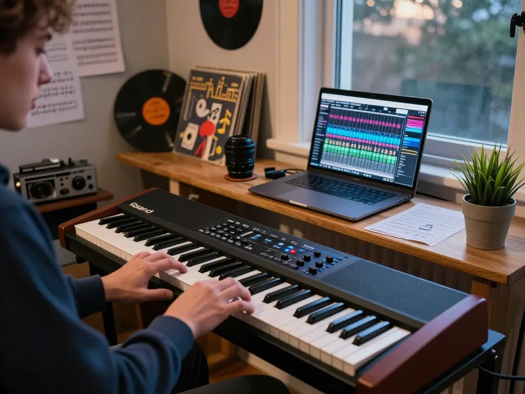 Person playing the VK88 organ in a cozy studio, showcasing musical talent and creativity.