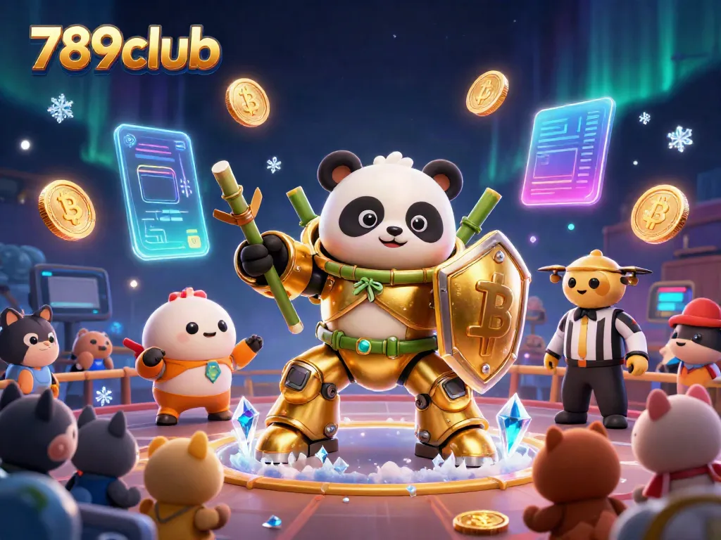 Engage with 789club's thrilling gaming universe featuring vibrant golden panda mech and crypto elements