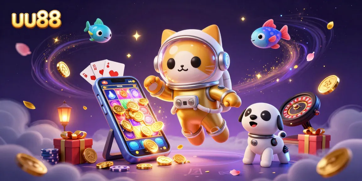 Experience exciting games and wins at uu88 with a vibrant 3D illustration featuring interactive casino elements.
