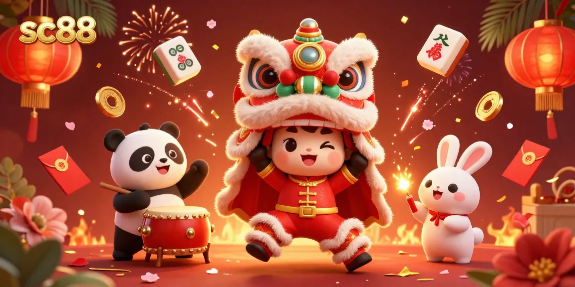 Experience exciting gameplay at sc88, featuring a festive lion dance and vibrant casino elements.