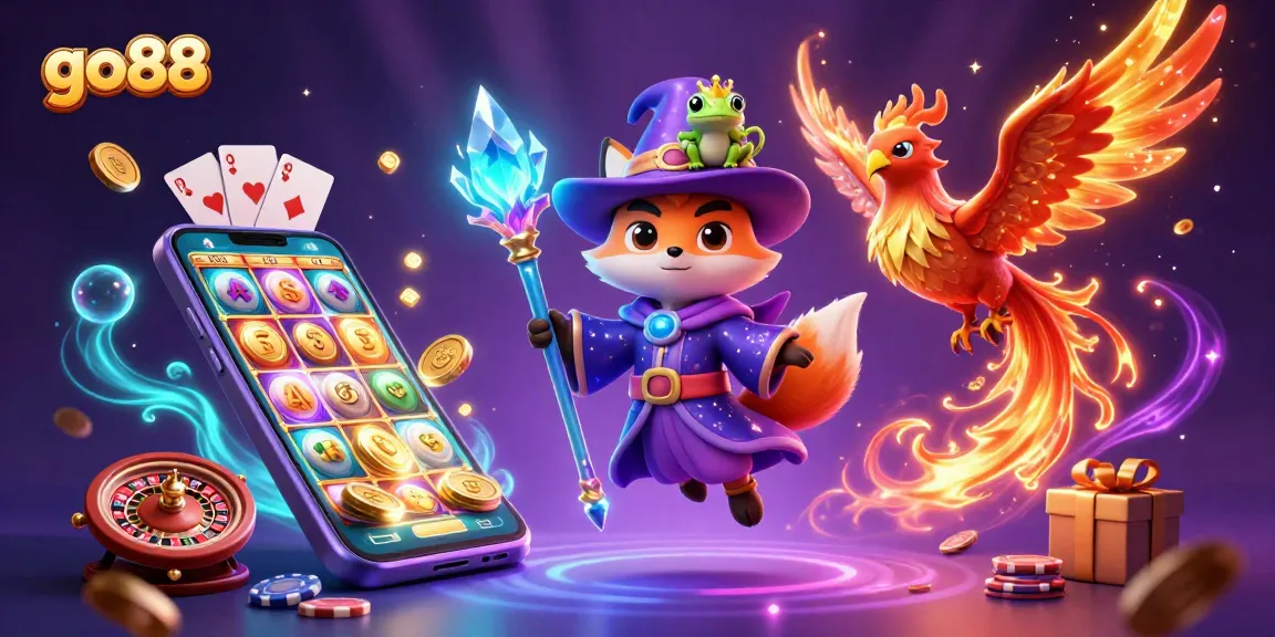 Experience the thrills at go88 with a wizard fox and phoenix celebrating casino games amidst sparkles.