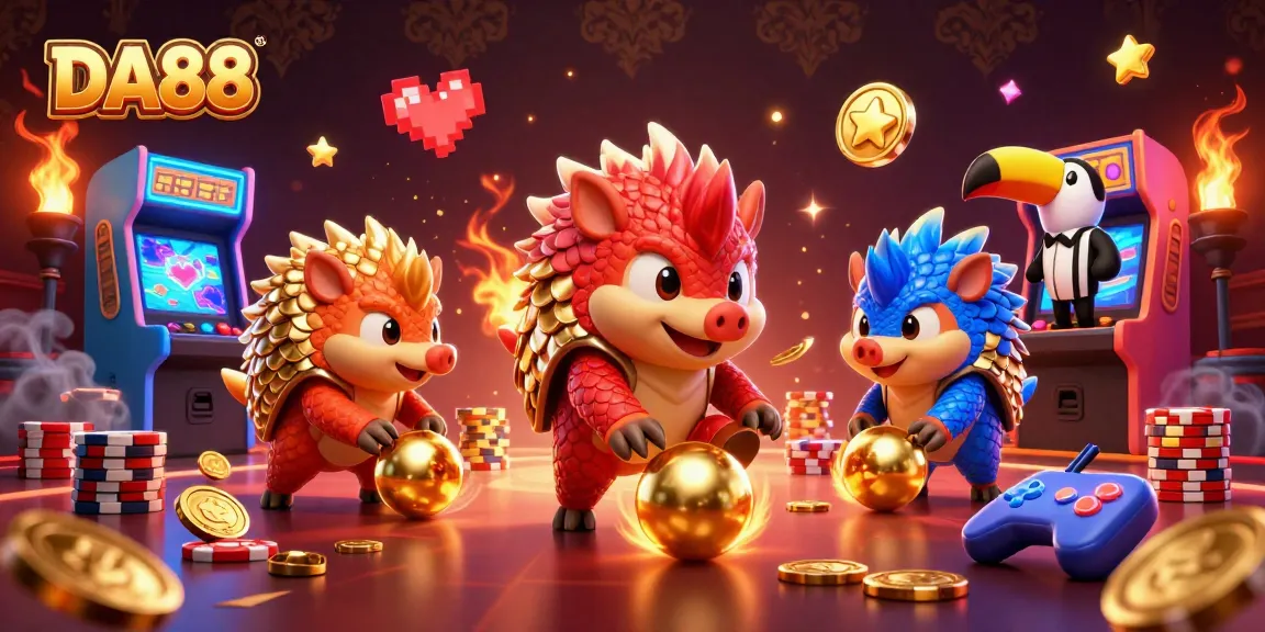 DA88 gameplay featuring rival pangolins bowling through poker chips in a vibrant casino setting.