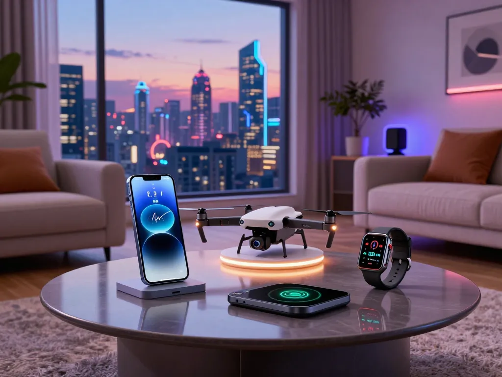 Latest tech gadgets 2039 displayed in a modern urban living room, highlighting innovation and design.