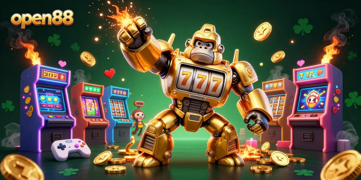 Engage with exciting open88 slot machine action featuring a golden gorilla mech and vibrant arcade elements.