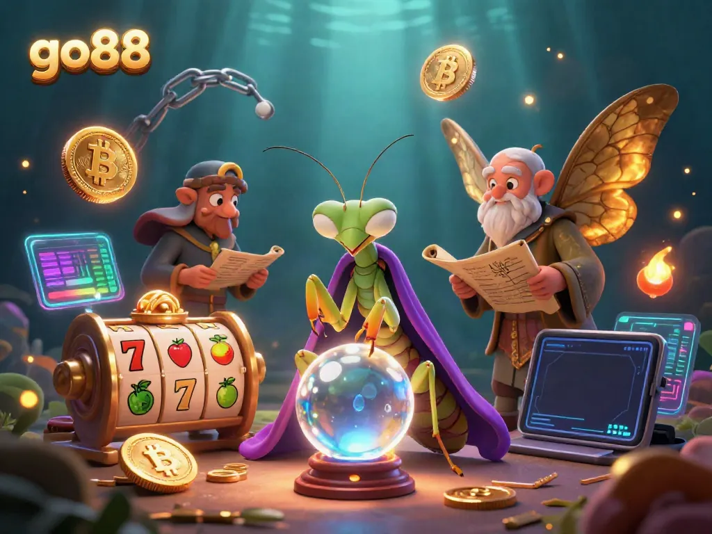 Engage with go88's vibrant casino scene featuring a mystical fortune teller, showcasing slot reels, glowing coins, and exciting game elements.
