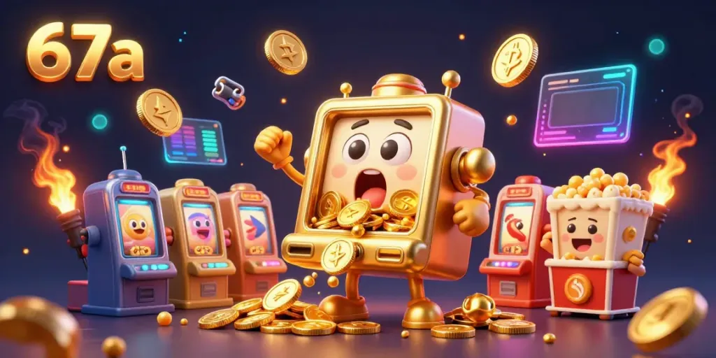 Engage with 67a's dynamic golden slot machine hitting the jackpot while surrounded by cheering designs.