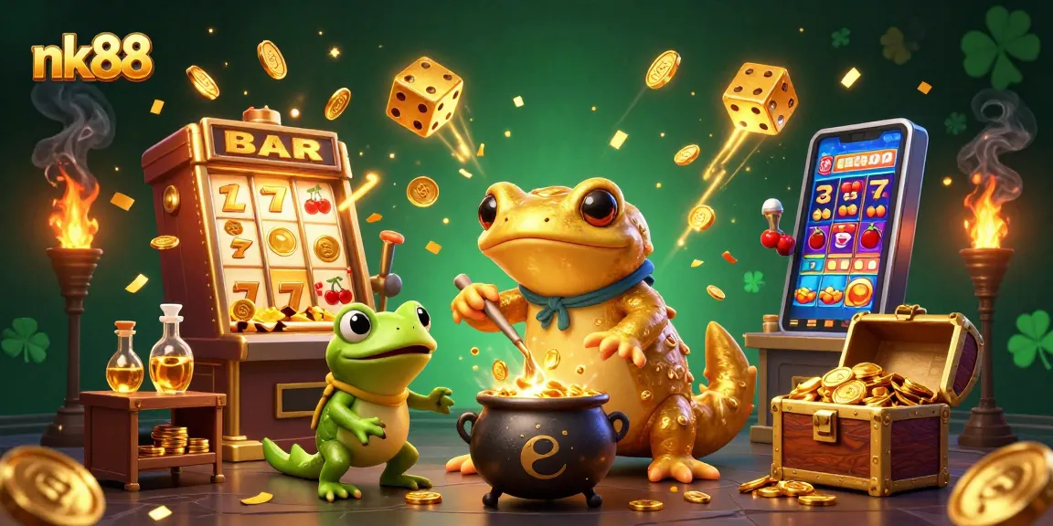 Players enjoy exciting wins at nk88 with 3D cartoon elements of slots, coins, and golden treasures.