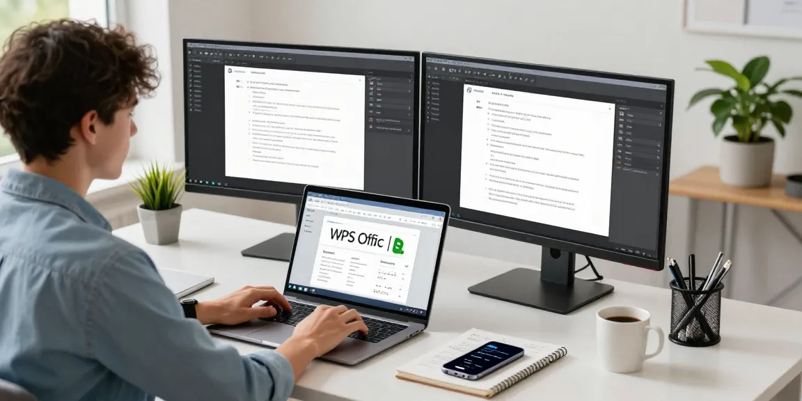 Professional workspace with WPS Download on laptop, monitors showing productivity tools, and a young professional engaged in work.