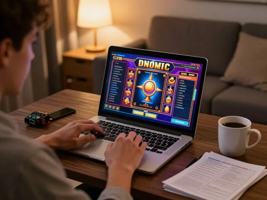 Player enjoying immersive RR88 slot games on a laptop at home, showcasing vibrant graphics.