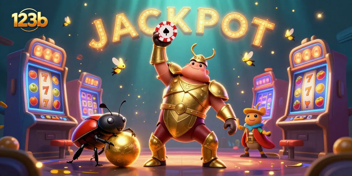 Win big with 123b in this vibrant casino scene featuring a victorious beetle!