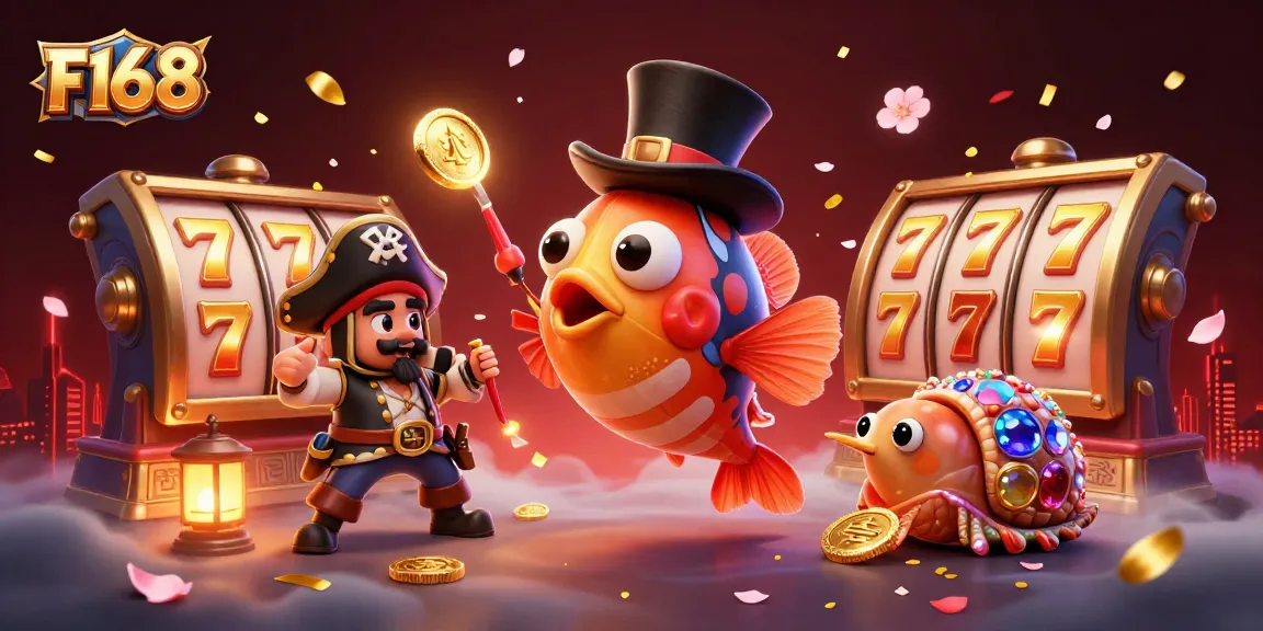 F168 engages in thrilling slot games with a 3D anglerfish and pirate shrimp under a vibrant casino atmosphere.
