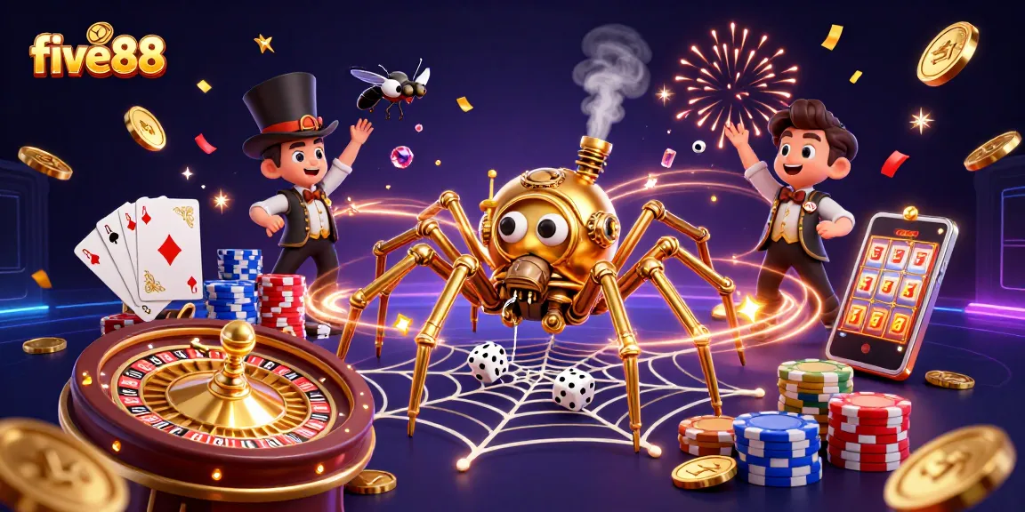Experience the thrill at five88 with a steampunk spider webbing golden chains and catching dice among dazzling casino elements.
