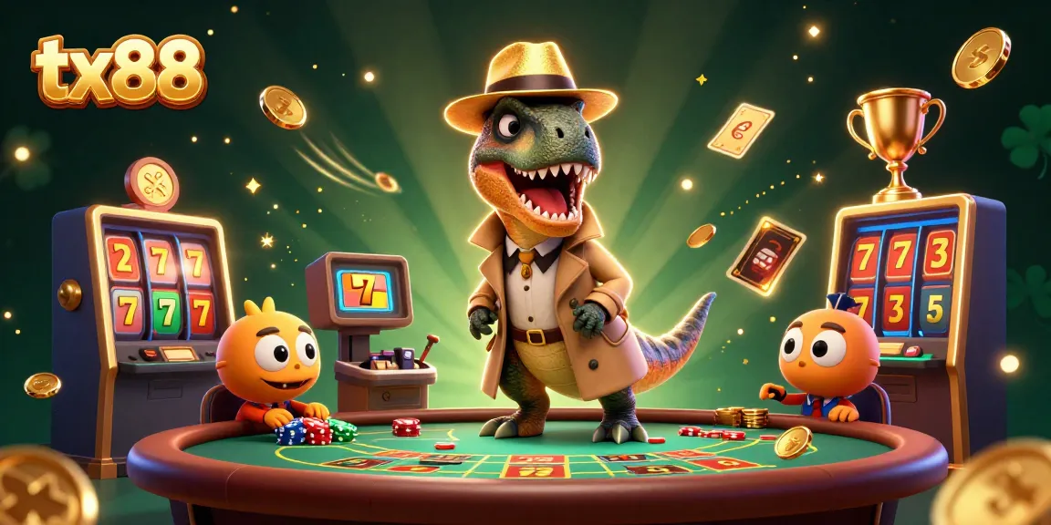 tx88 showcases a lively casino scene with a velociraptor card counter, adding excitement to the gambling atmosphere.
