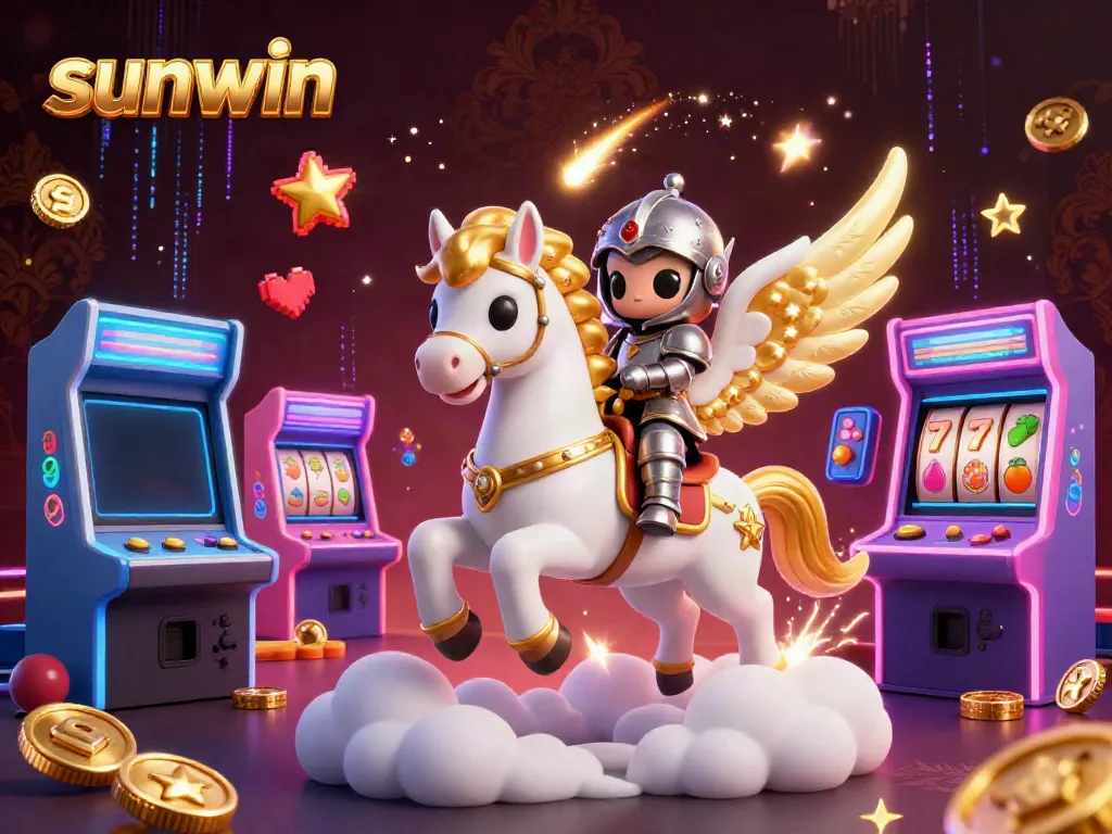 Experience the thrilling gaming adventure with sunwin, featuring a celestial horse, arcade machines, and casino elements.