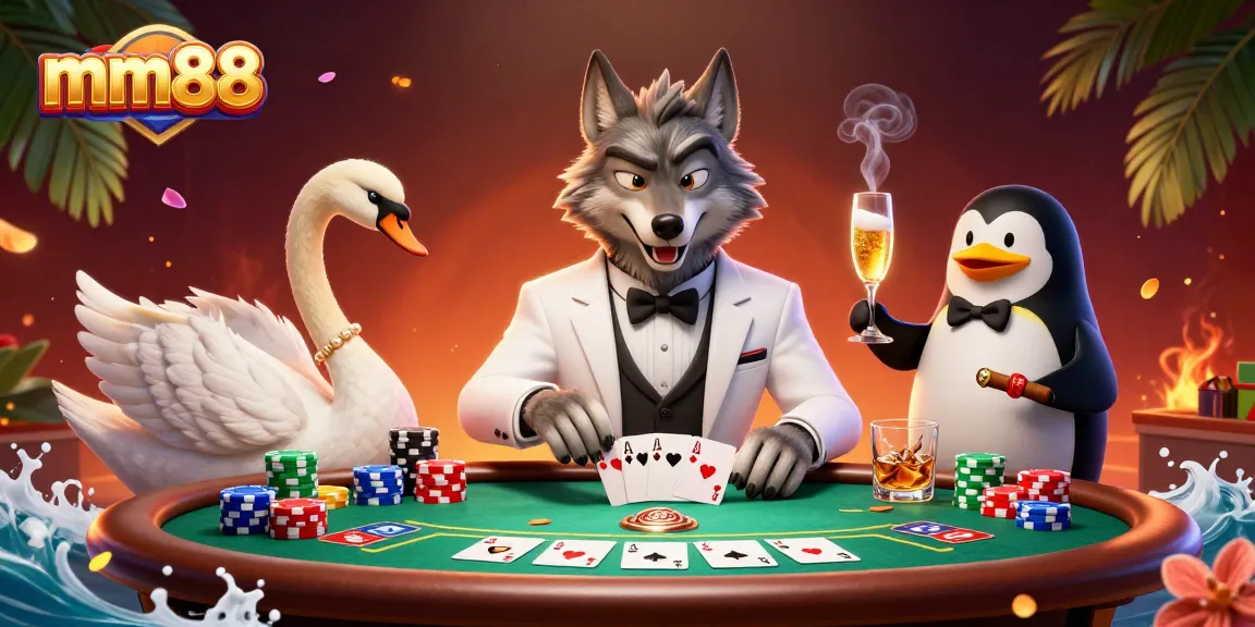 Experience thrilling gameplay with mm88 featuring a debonair wolf and elegant swan at the baccarat table.