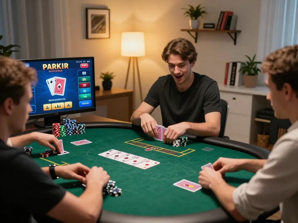Players engaging in an exciting live poker game on MM88, showcasing interactive gaming on stylish home setup.