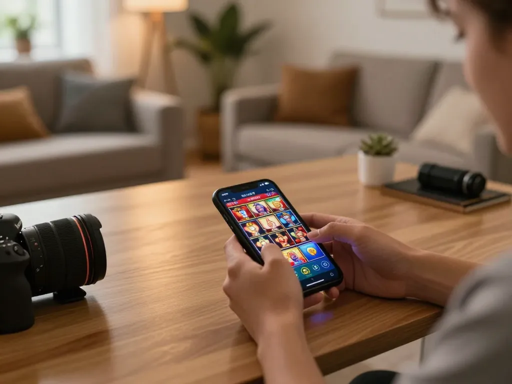 Player enjoying mobile casino action on mm88 app in a cozy home environment.