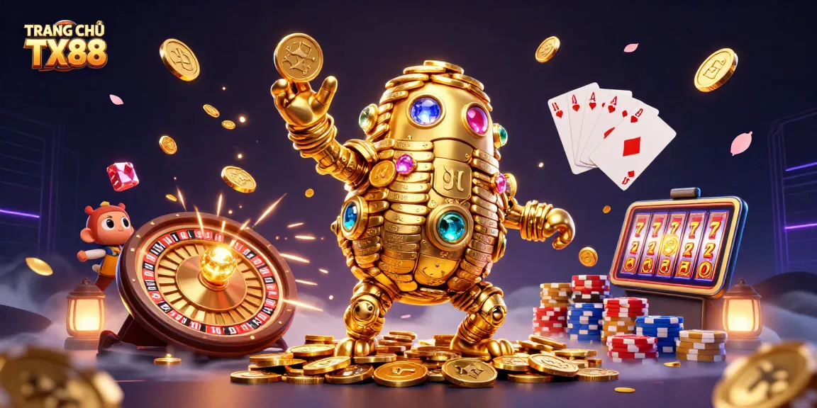 Engage with TRANG CHỦ TX88 in a thrilling 3D digital casino adventure showcasing vibrant gambling elements.