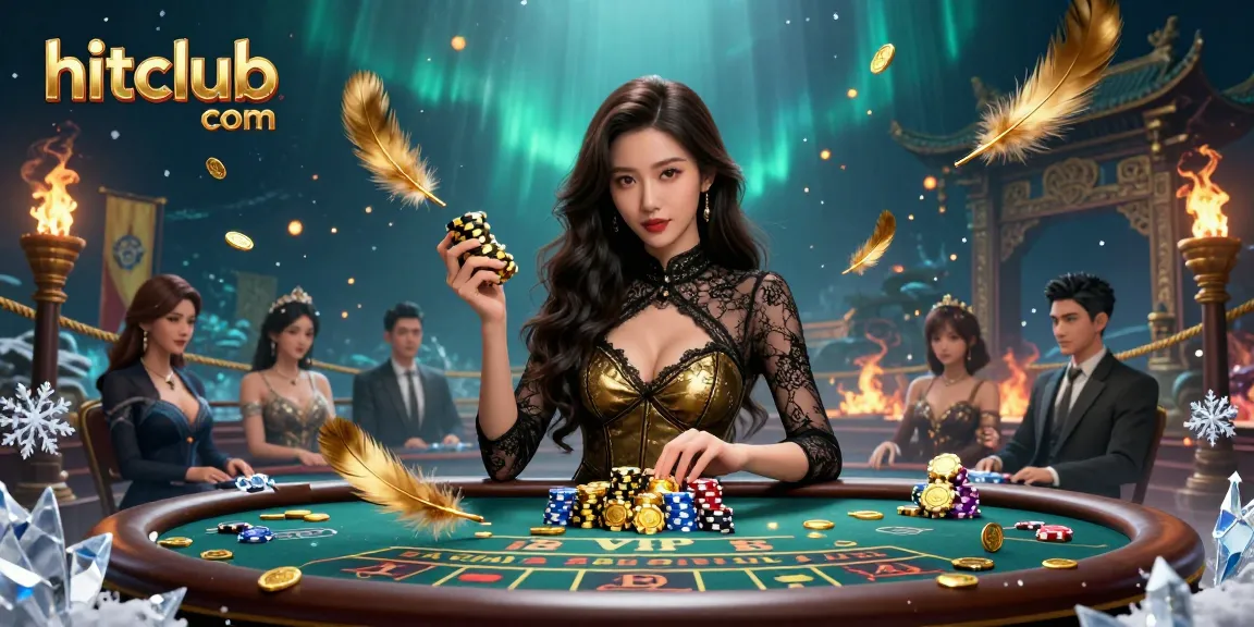 Experience high stakes at hitclub com with a glamorous baccarat scene showcasing golden chips and vibrant casino elements.
