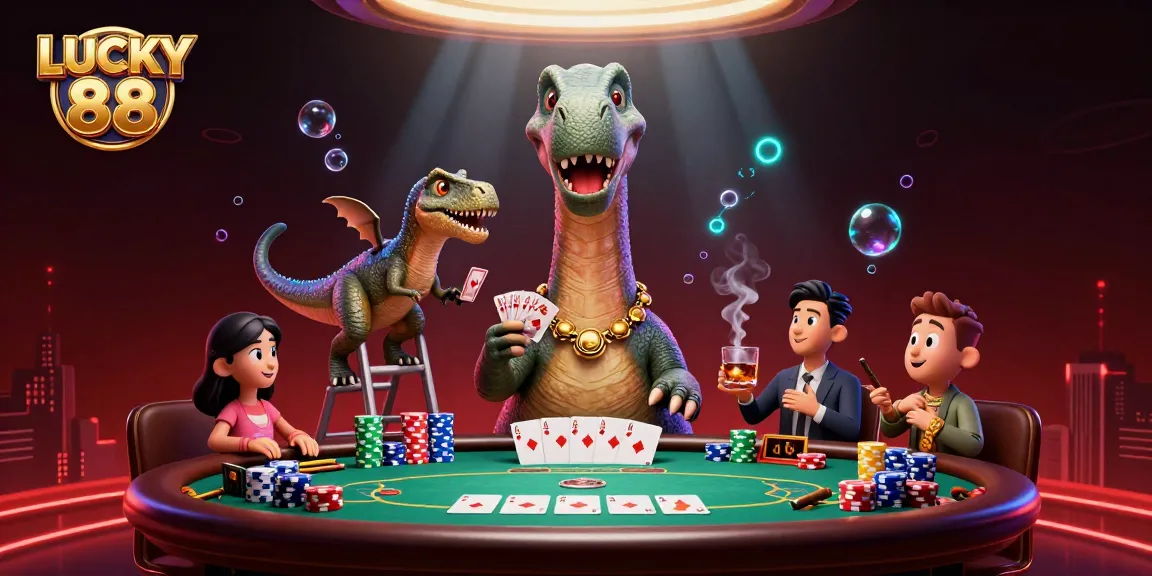 Engage with the excitement of LUCKY 88 as a brontosaurus oversees a dynamic poker scene filled with colorful chips and cards.