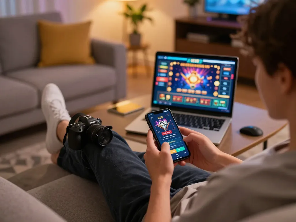 Player enjoying the G28 online casino app on a smartphone in a cozy living room setting