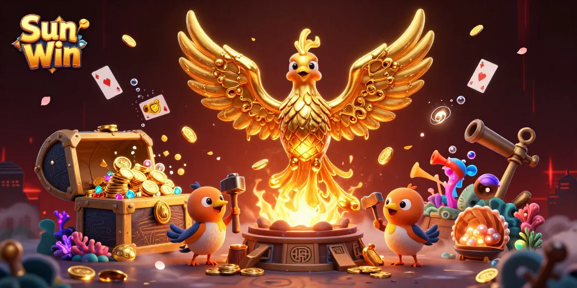 Experience Sun Win's thrilling gaming action with a molten golden phoenix and vibrant casino treasures.