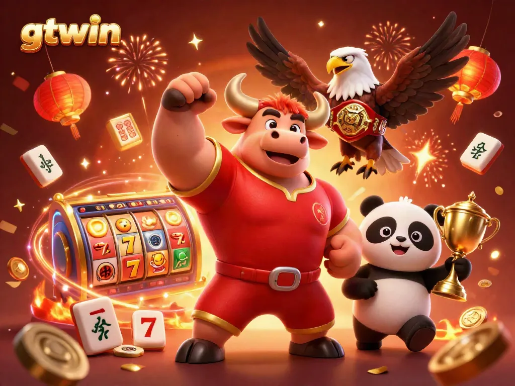 Experience thrilling gaming on gtwin with a vibrant 3D illustration of casino fun featuring a victorious bull mascot, eagle, and panda.