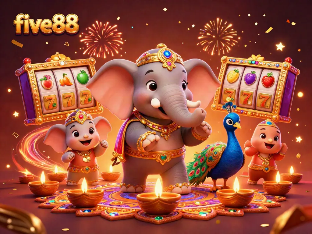 Experience excitement with five88's vibrant casino slots featuring an ornate elephant and peacock in celebration.