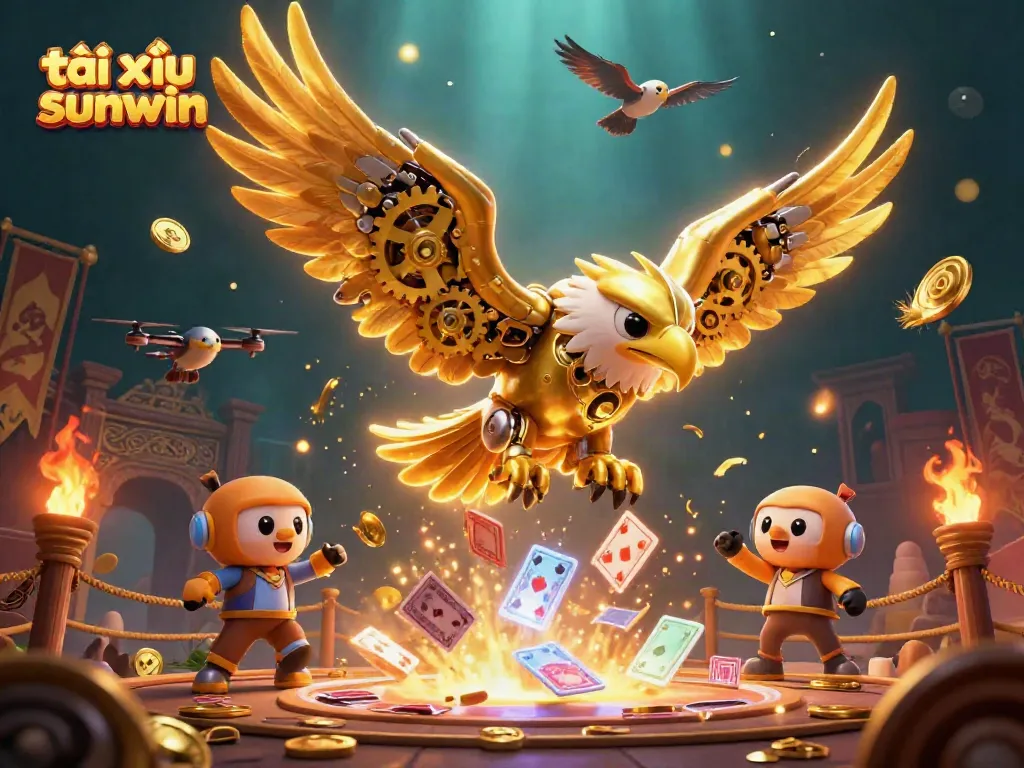 Experience the thrill of tài xỉu sunwin with a dynamic scene featuring a golden eagle amidst holographic cards and gold coins.