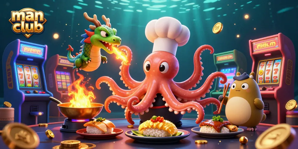 A dynamic casino scene featuring the man club with a playful octopus chef preparing golden dishes amid colorful slot reels and arcade machines.
