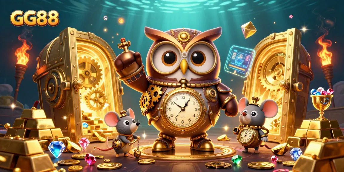Experience GG88's vibrant gaming world with a steampunk owl and treasure amid dazzling casino themes.